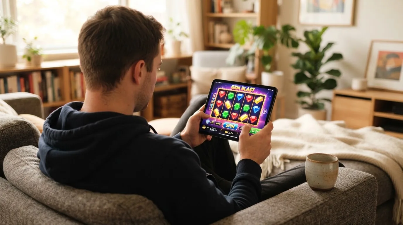 Junger Mann testet entspannt ein Tablet auf einer Couch neben einer Kaffeetasse.