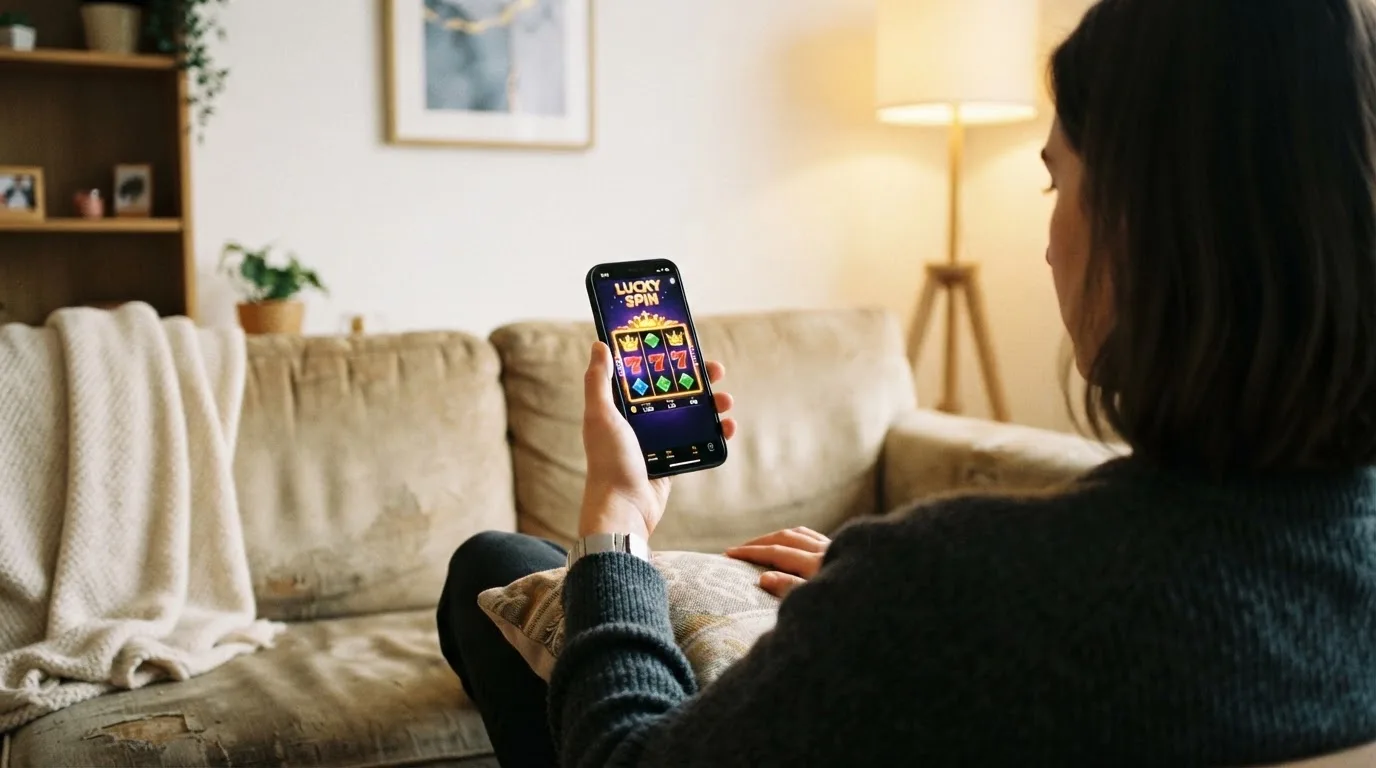 Person sitzt entspannt mit einem Smartphone auf einer Couch in einer kleinen Wohnung.