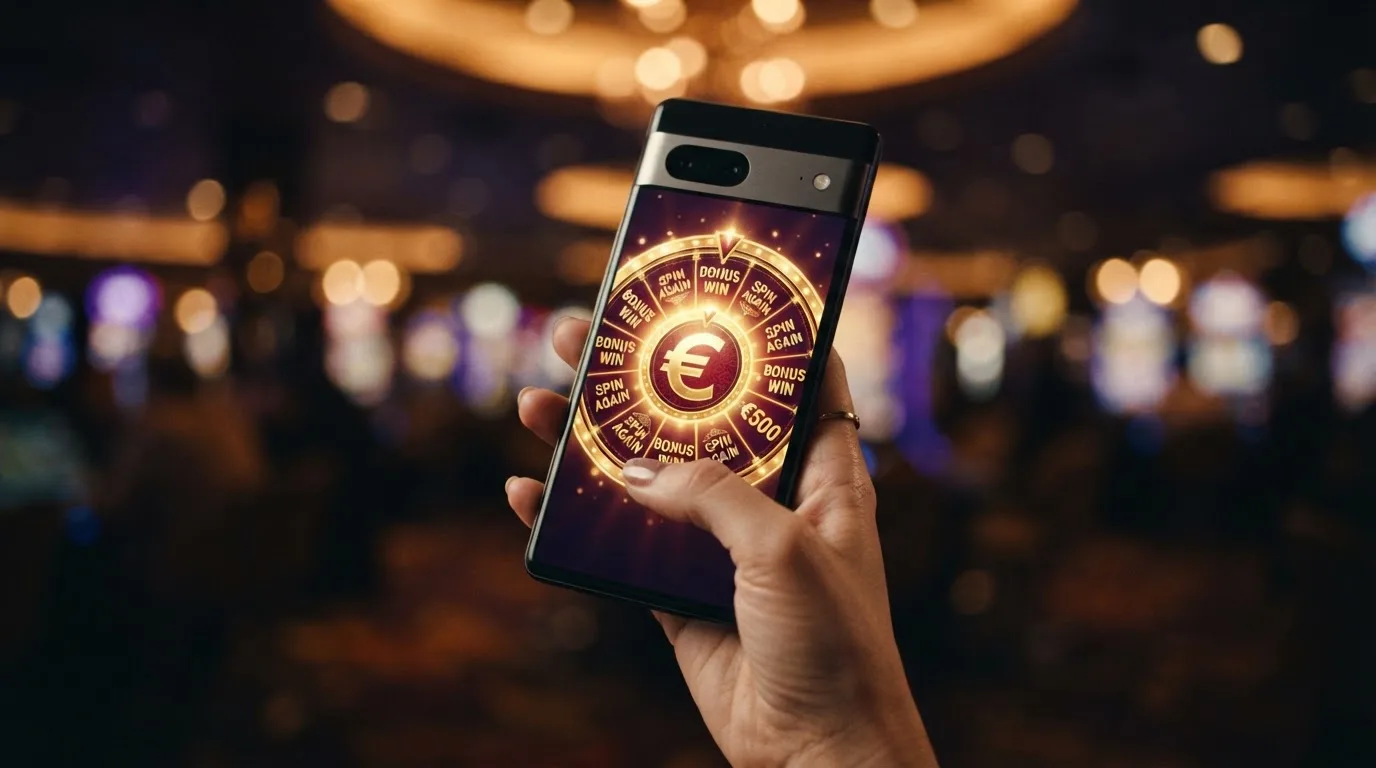Zwei Hände halten ein Smartphone locker, während im Hintergrund bunte Lichter verschwimmen.